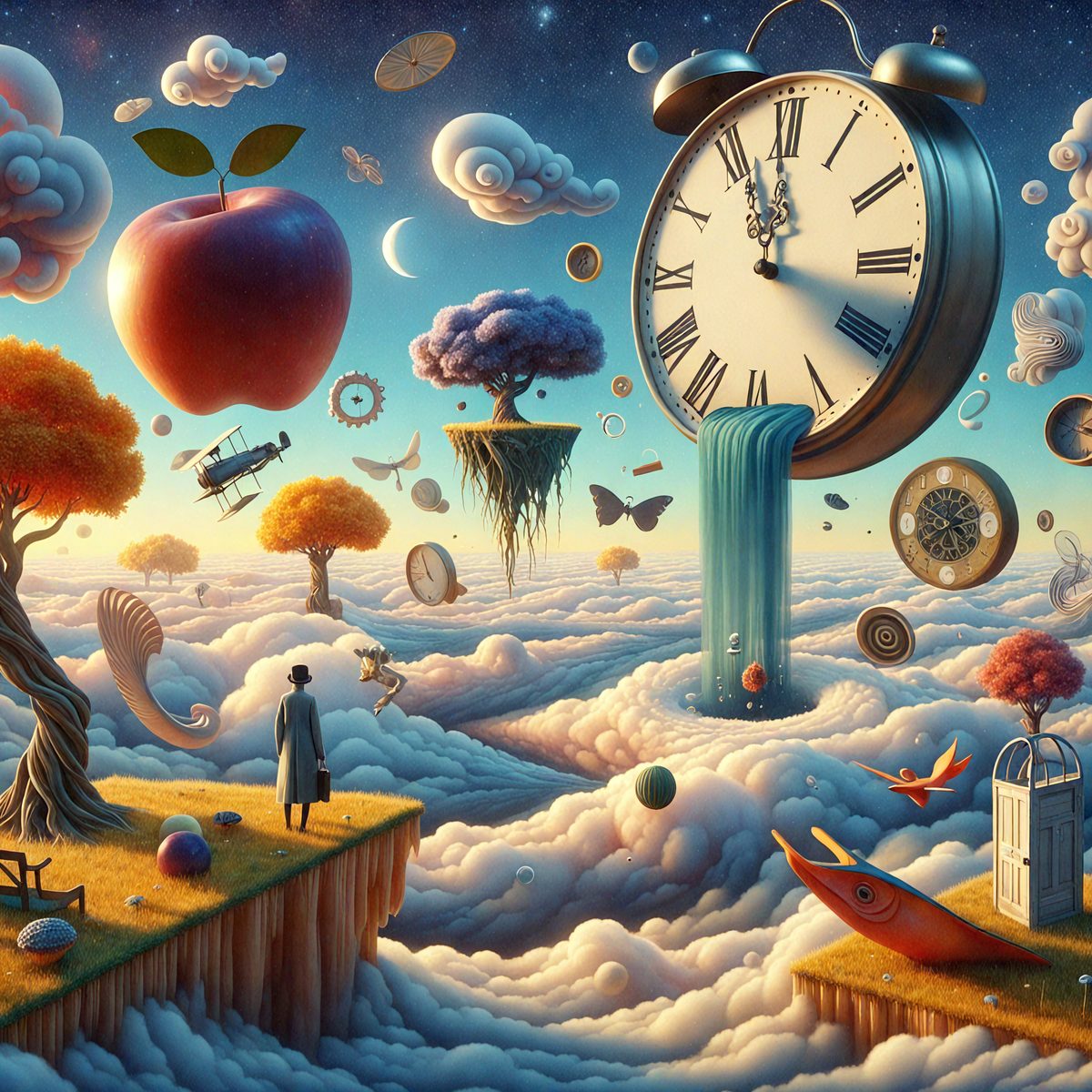 The primary subject of the image is a large clock, which is prominently displayed in the scene. The setting is a whimsical, surreal landscape filled with various objects, such as trees, apples, and clocks. The visual style is a combination of digital art and illustration, creating a unique and imaginative atmosphere. The colors and mood of the image are predominantly white and blue, giving it a serene and dreamy quality.